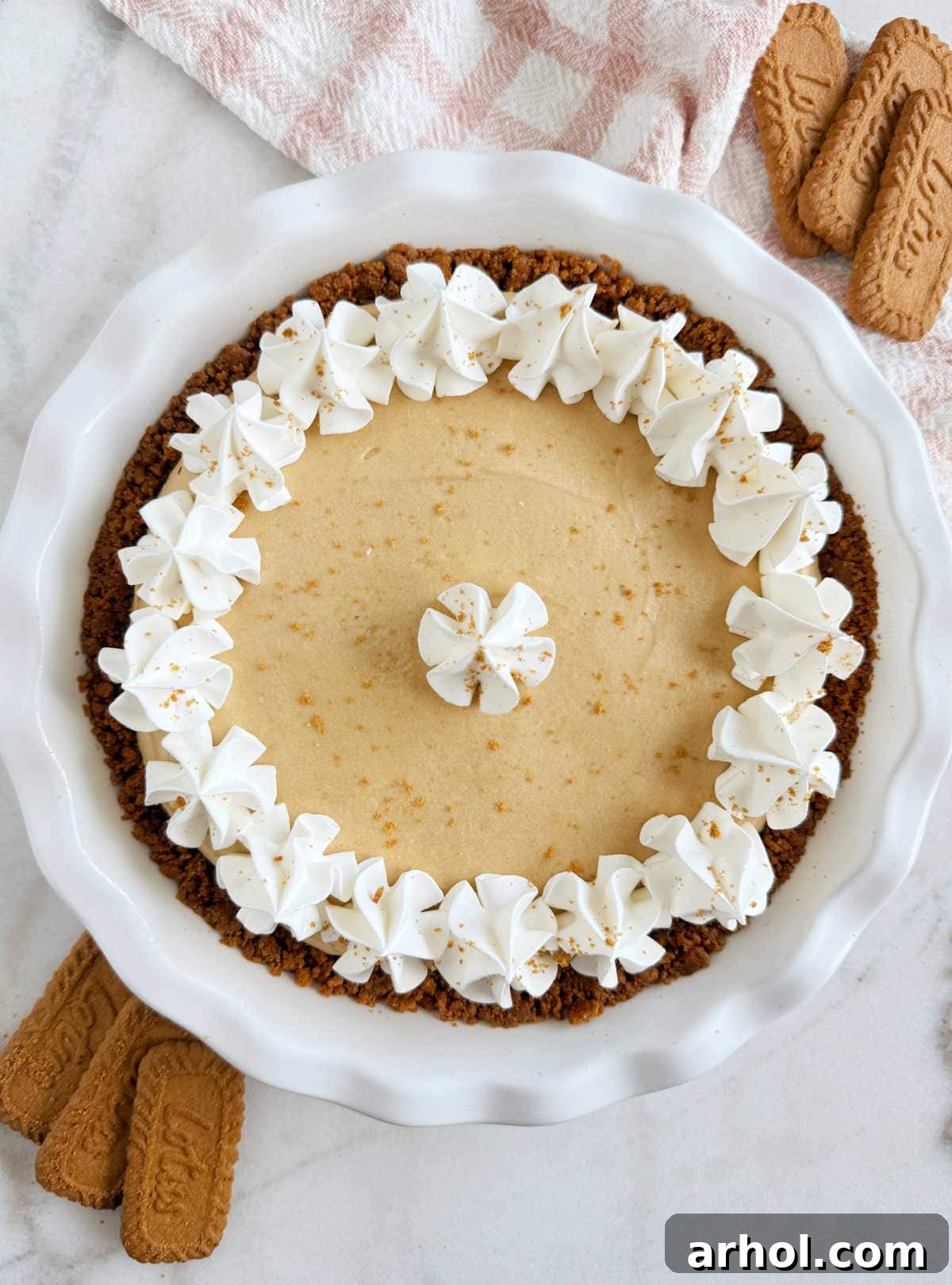 Irresistible No-Bake Cookie Butter Pie 8 biscoff cookie butter pie with whipped cream stars in pie plate.