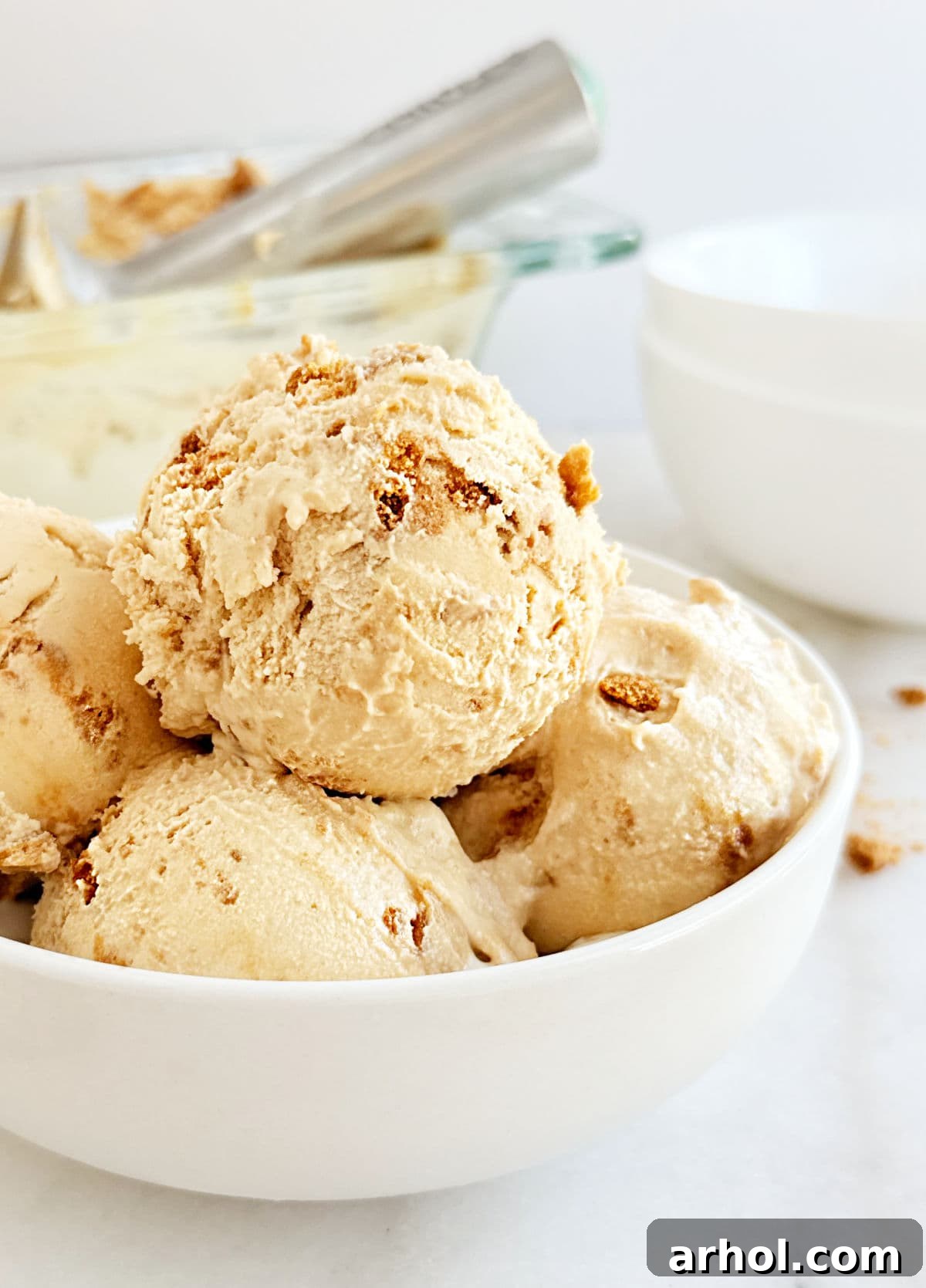 Homemade Biscoff cookie butter ice cream in a bowl, garnished with crushed Biscoff cookies and a drizzle of cookie butter.