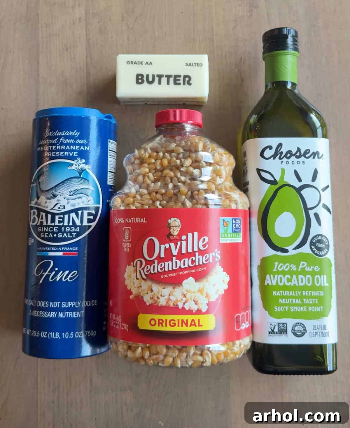 popping corn, salt, butter, avocado oil.
