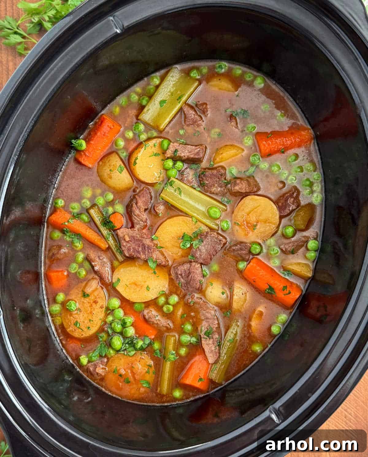 Close-up overhead shot of bubbling slow cooker beef stew with onion soup, showing tender beef and vegetables in a rich broth.