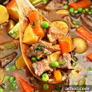 Slow cooker beef stew with onion soup mix and vegetables on a wooden spoon, ready to serve.