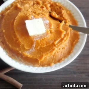A simple yet elegant dish of mashed sweet potatoes in a white bowl, ready for serving.