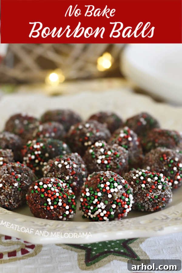 A close-up shot of several bourbon balls, beautifully coated and arranged on a plate, highlighting their rich texture and festive appearance.