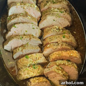 crock pot pork tenderloin in garlic butter sauce.