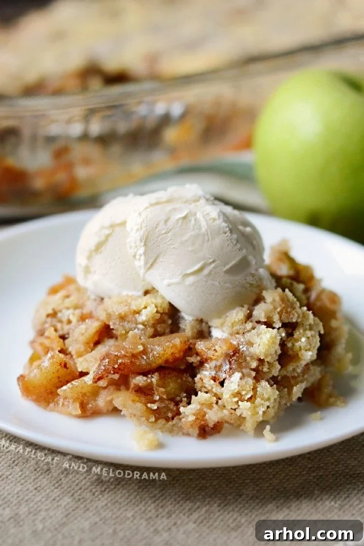 cinnamon apple crisp with no oat topping on a white plate with vanilla ice cream