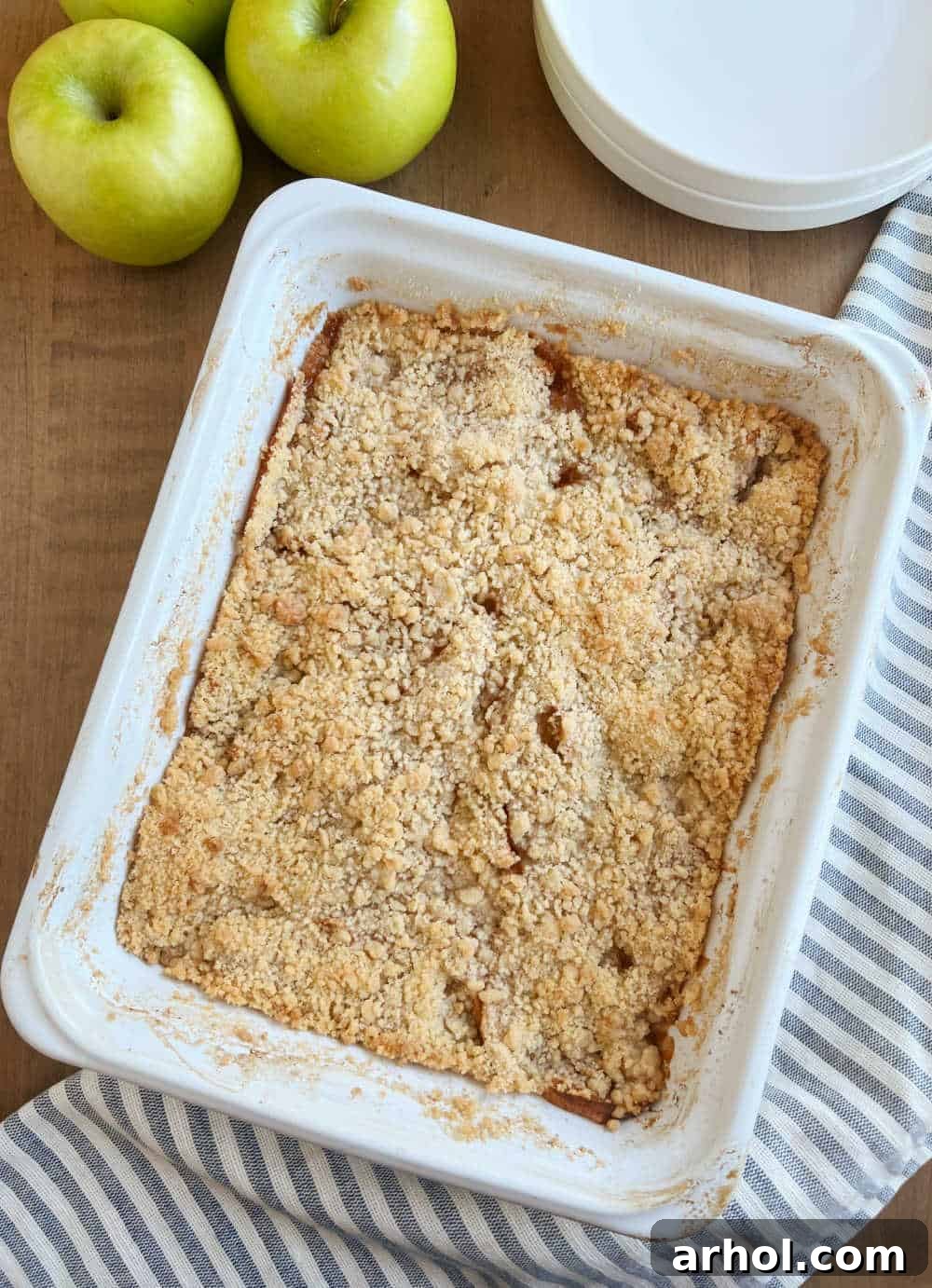 Warm apple crisp in baking dish.