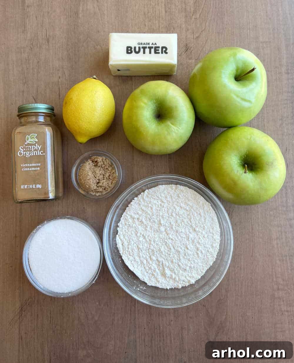 apples, butter, lemon, cinnamon, brown sugar, white sugar, flour.