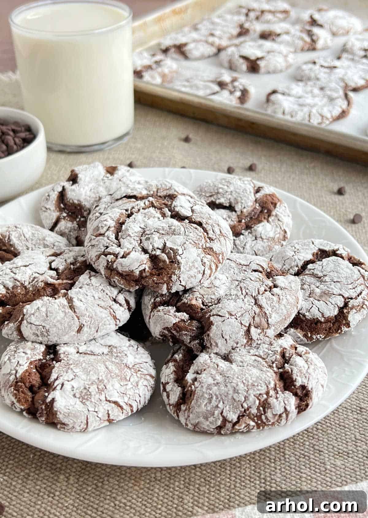 A plate brimming with perfect chocolate crinkle cookies, each featuring a soft, fudgy center and a distinct powdered sugar coating.