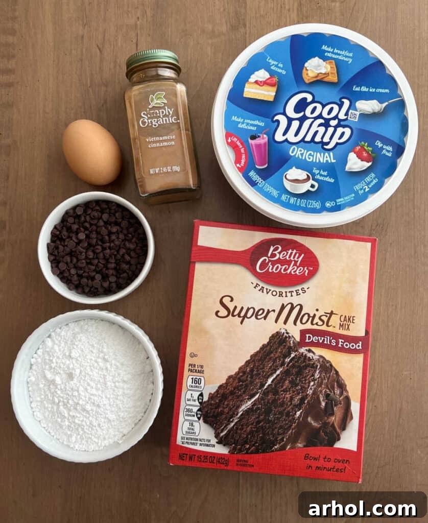 Ingredients laid out: devil's food cake mix, thawed Cool Whip, an egg, cinnamon, mini chocolate chips, and powdered sugar for coating.