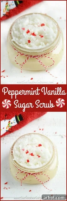 Collage of homemade vanilla mint sugar scrub ingredients and finished product.
