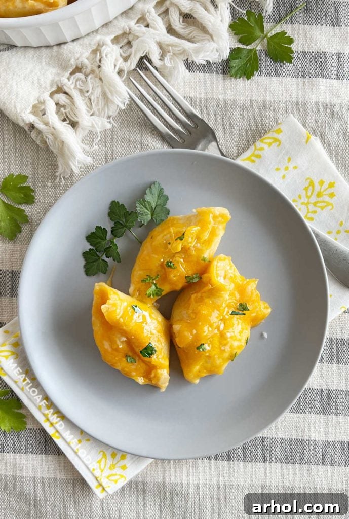 Lazy pierogi stuffed shells casserole served on a rustic wooden table