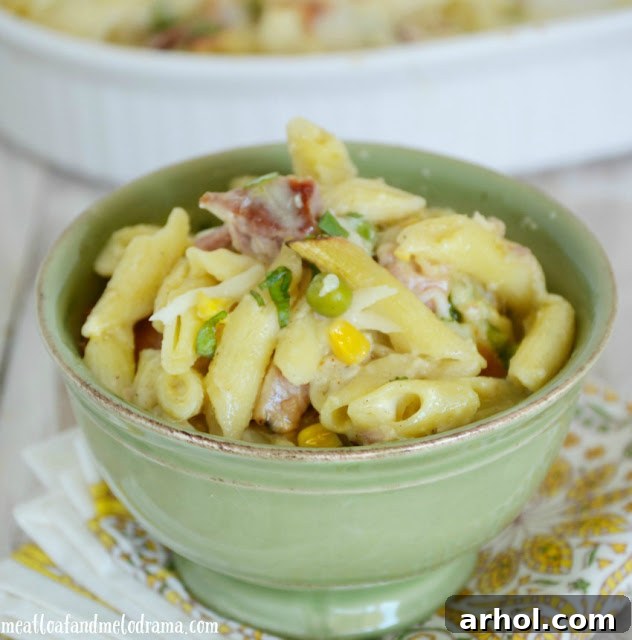 creamy ham and pasta bake with corn and peas