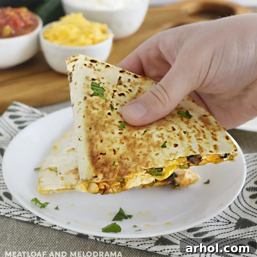 hand holding chicken black bean quesadilla with melty cheese