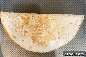 crispy folded tortilla on griddle