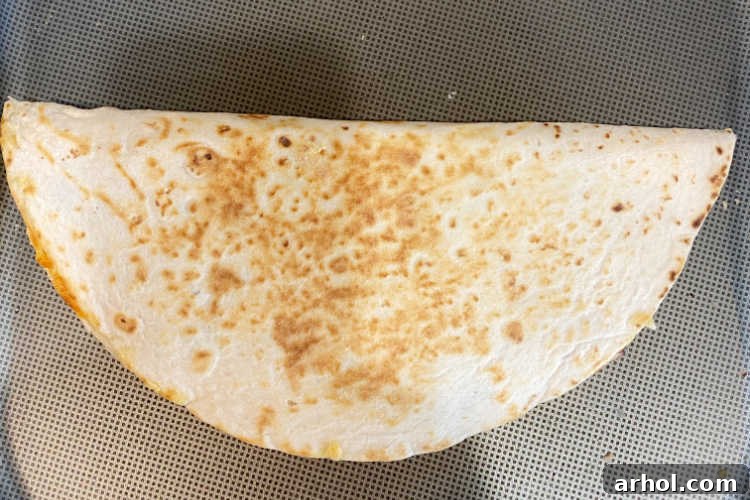 crispy folded tortilla on griddle