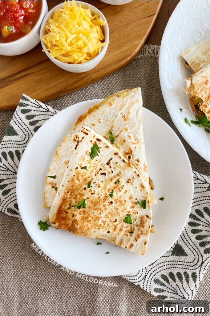 2 quesadilla triangles on a white plate