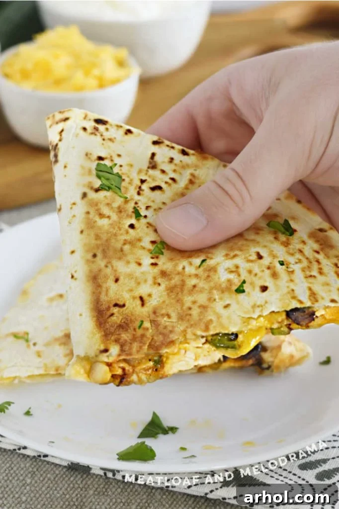 chicken quesadilla in hand