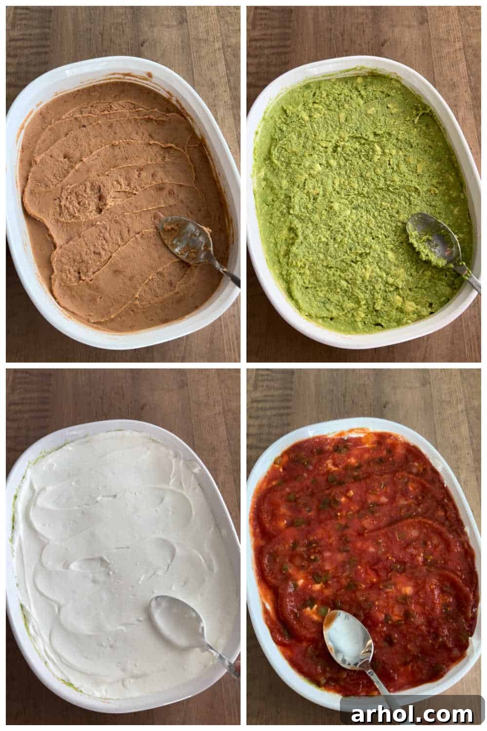 Detailed step-by-step assembly of the seven-layer dip in a baking dish, showing each distinct layer.