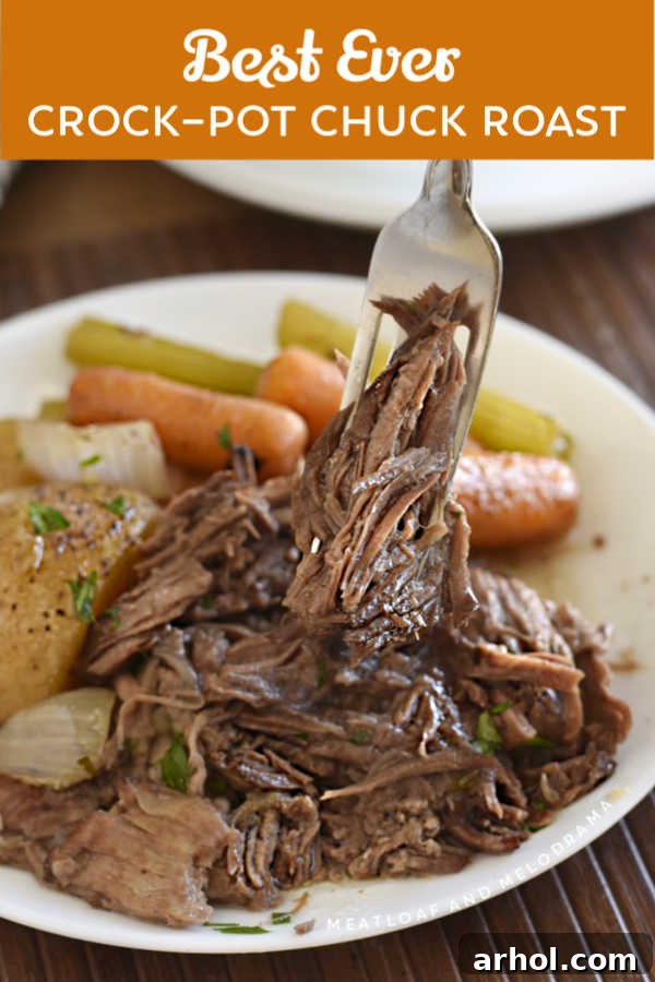 Fork-tender beef chuck roast with potatoes and carrots on a plate, ready to enjoy