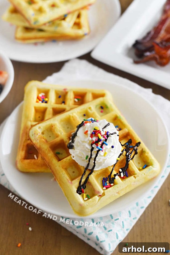 A close-up shot of a single perfectly cooked Funfetti waffle, golden brown and speckled with melted rainbow sprinkles.