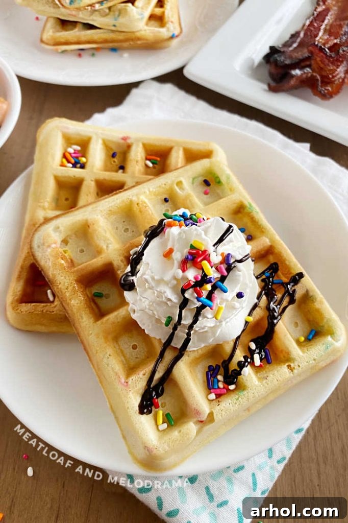 Two cheerful birthday waffles, liberally covered with colorful sprinkles and a swirl of whipped cream, presented on a white plate.