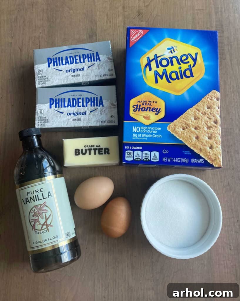 Philadelphia cream cheese, graham crackers, butter, vanilla, eggs, sugar