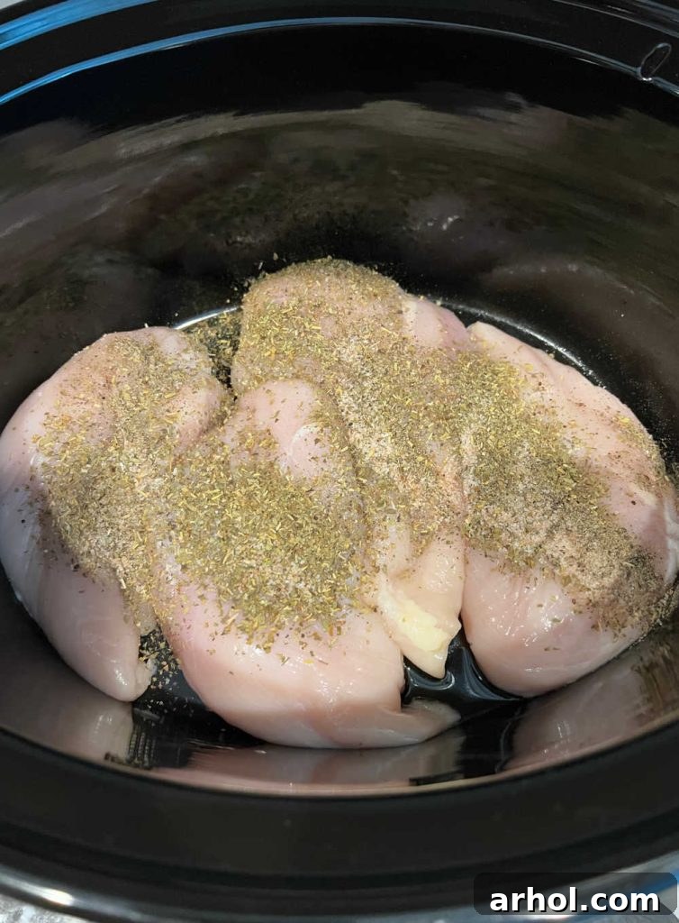 Chicken breasts seasoned with Italian seasoning ready for slow cooking.