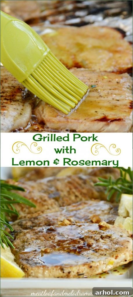 Grilled pork loin chops with lemon rosemary sauce served on a plate.