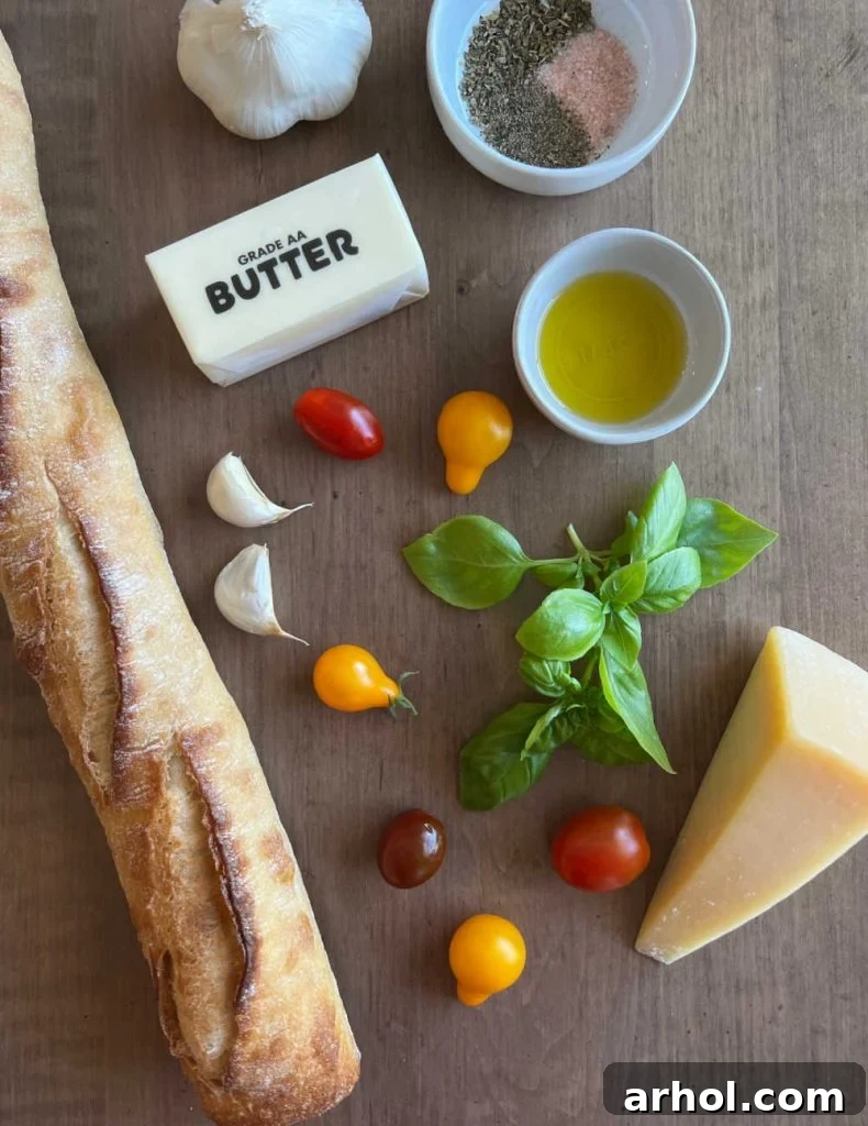 baguette loaf, fresh tomatoes, garlic, basil leaves, butter, olive oil, spices and Parmesan