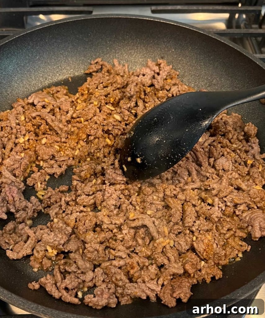 Better-Than-Boxed Ground Beef Stroganoff 4 Brown ground beef with seasonings in a skillet