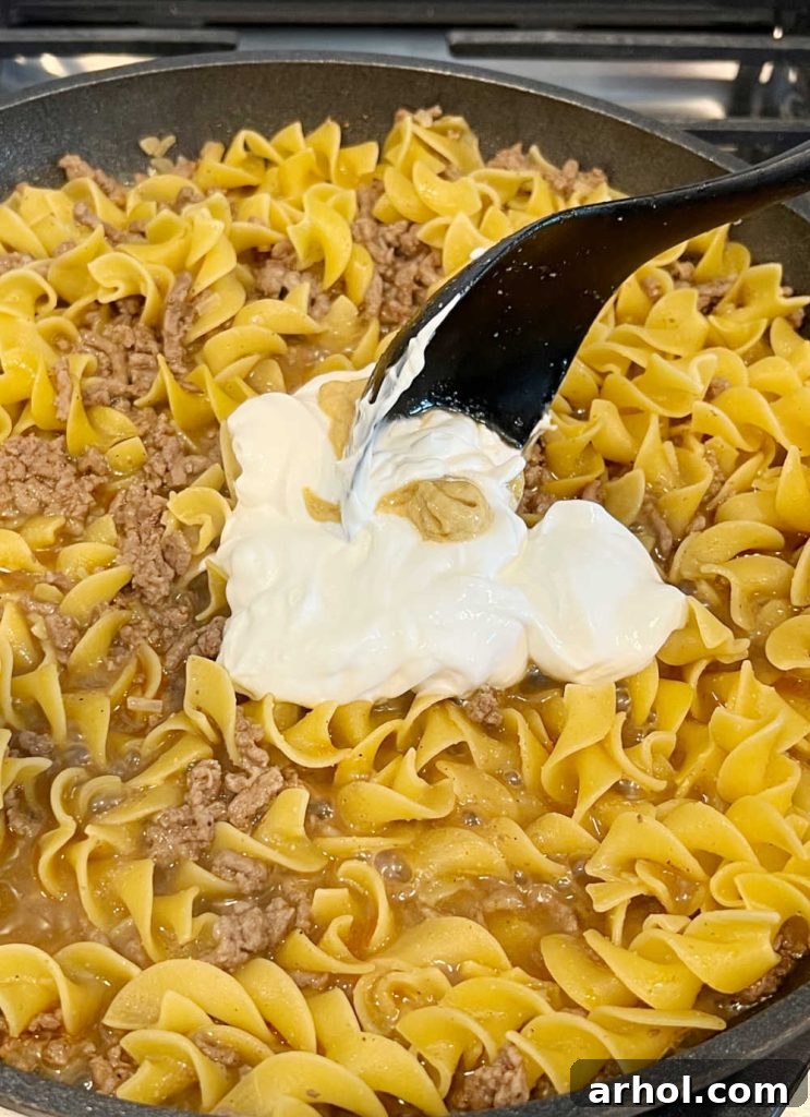 Better-Than-Boxed Ground Beef Stroganoff 6 Mixing sour cream and Dijon mustard into skillet with hamburger meat and egg noodles for stroganoff
