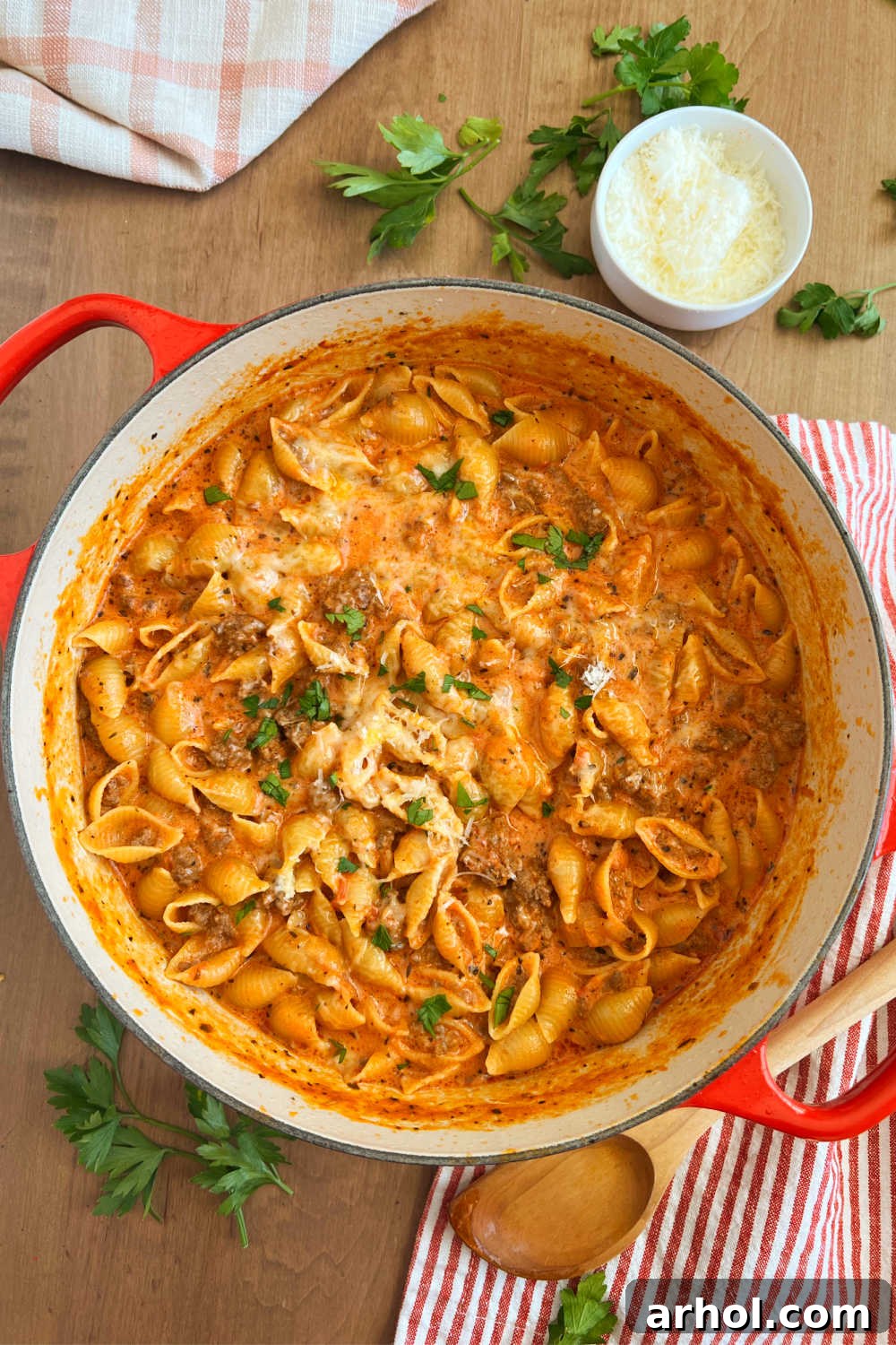 Creamy shells and beef in a Dutch oven, ready to serve.