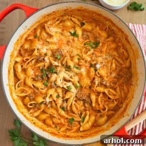 Ground beef pasta, creamy shells and beef, in creamy tomato sauce in a Dutch oven.