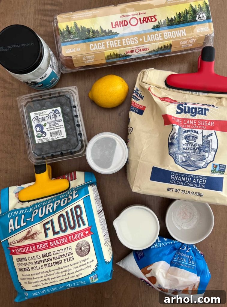 A flat lay of fresh ingredients including blueberries, lemon, coconut oil, eggs, sugar, salt, powdered sugar, milk, baking powder, and flour, ready for baking.