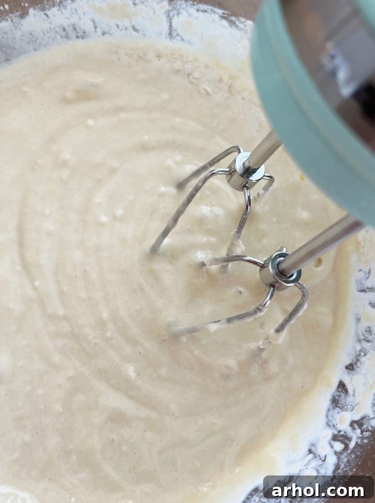Mixing blueberry muffin batter with an electric mixer in a large bowl.