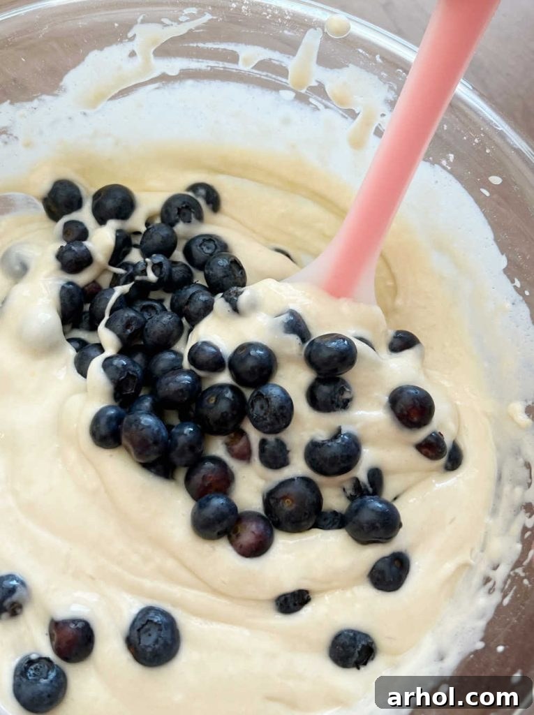Gently stirring fresh blueberries into muffin batter with a rubber spatula.
