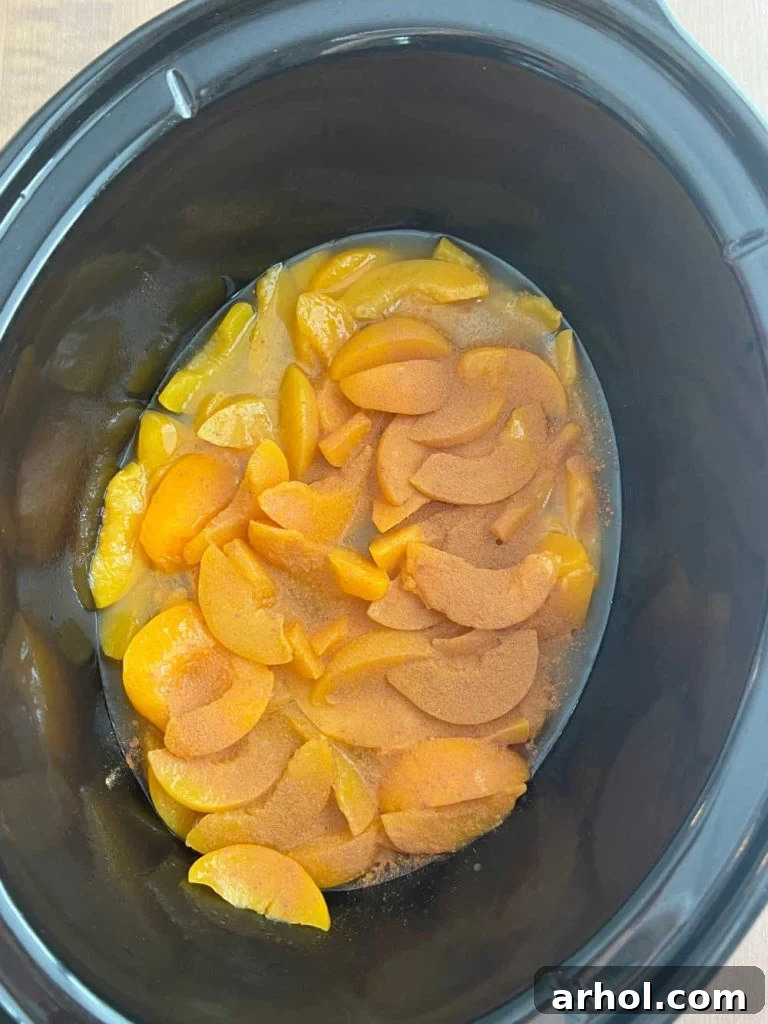 Canned peaches lightly sprinkled with cinnamon forming the base layer in the bottom of a slow cooker.