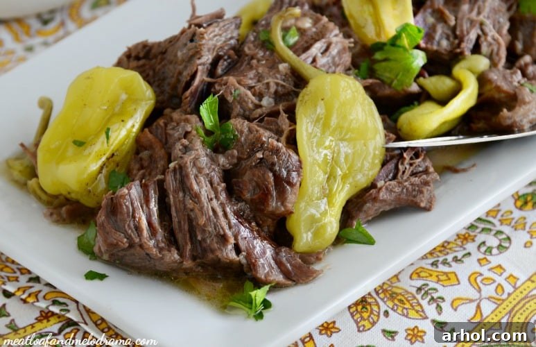 A delicious crockpot Mississippi chuck roast ready to be served.