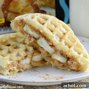 Close-up of Peanut Butter Apple Waffle Sandwiches, ready to eat