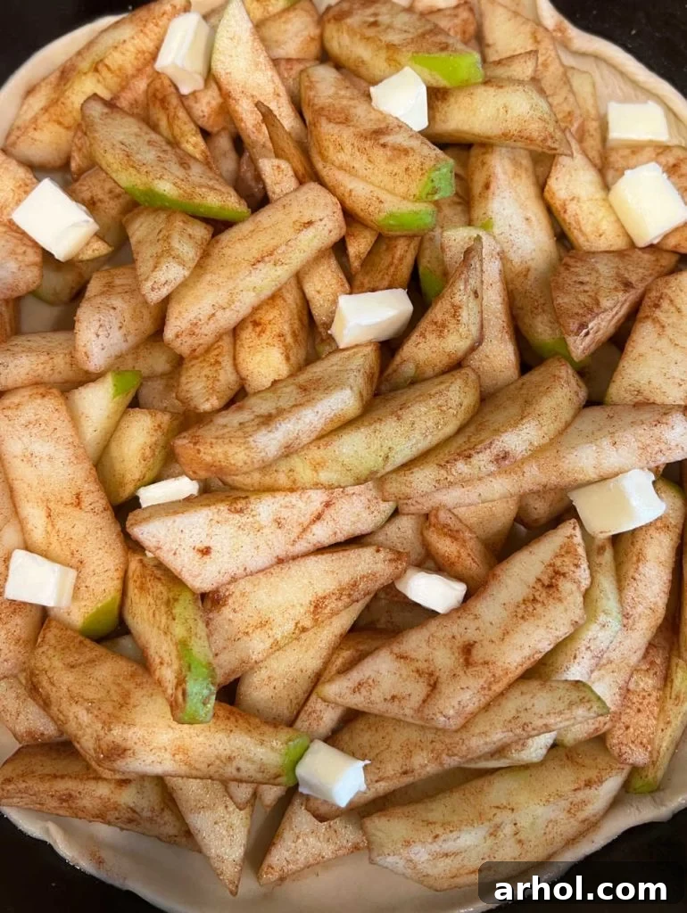 The apple filling, dotted with small pats of butter, layered over the pie crust in the cast iron skillet.