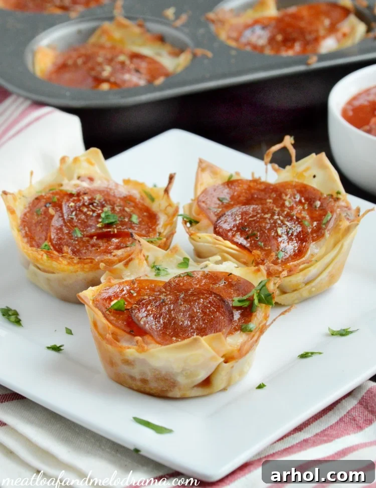 Close-up of Finished Pepperoni Pizza Dip Wonton Cups