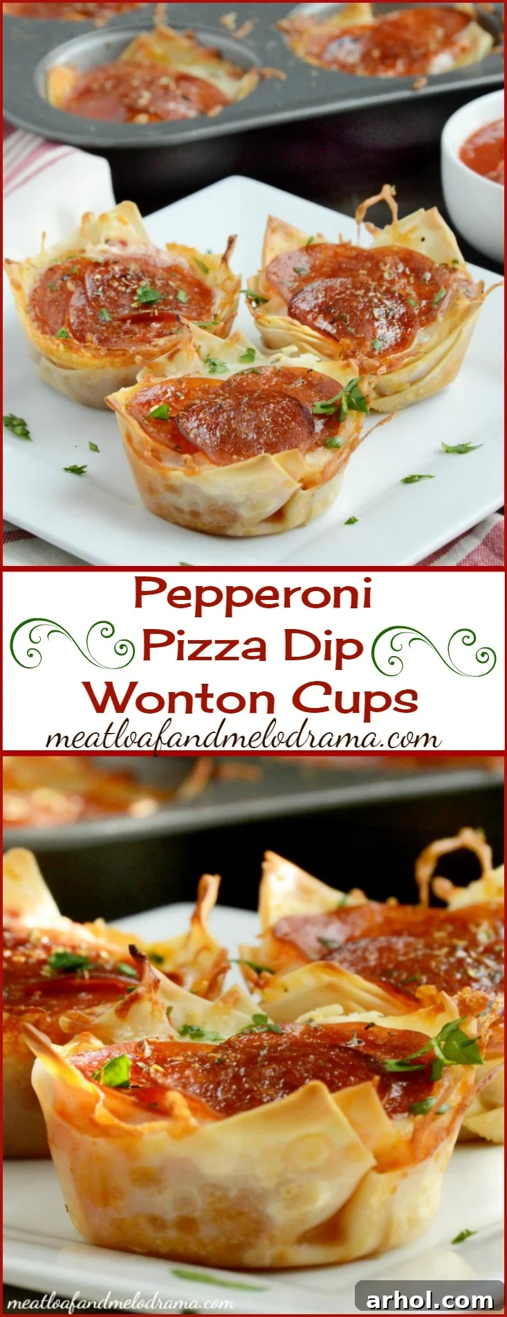 Delicious Pepperoni Pizza Dip Wonton Cups Stacked on a Plate