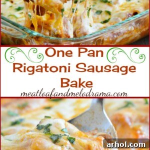 One Pan Rigatoni Sausage Bake with rich sauce and melted cheese