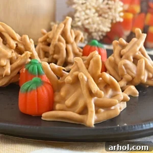 no bake haystack cookies with butterscotch and marshmallow pumpkins on plate