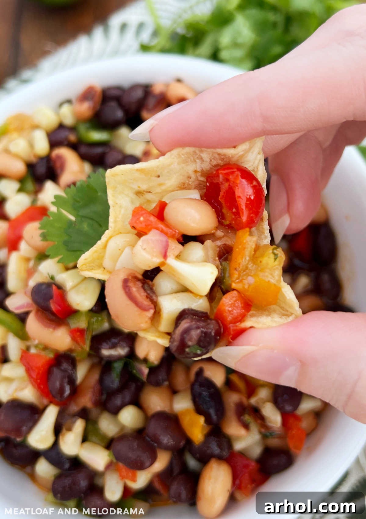A hand holding a tortilla chip generously scooped with Black Eyed Pea Salsa, showcasing its fresh ingredients and vibrant colors, ready for a delicious bite.