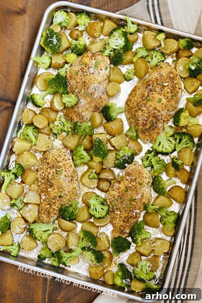Easy Honey Mustard Sheet Pan Chicken Dinner 3 baked chicken and potatoes with broccoli on a sheet pan
