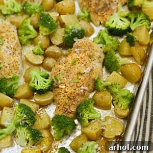 baked sheet pan honey mustard chicken and potatoes with broccoli