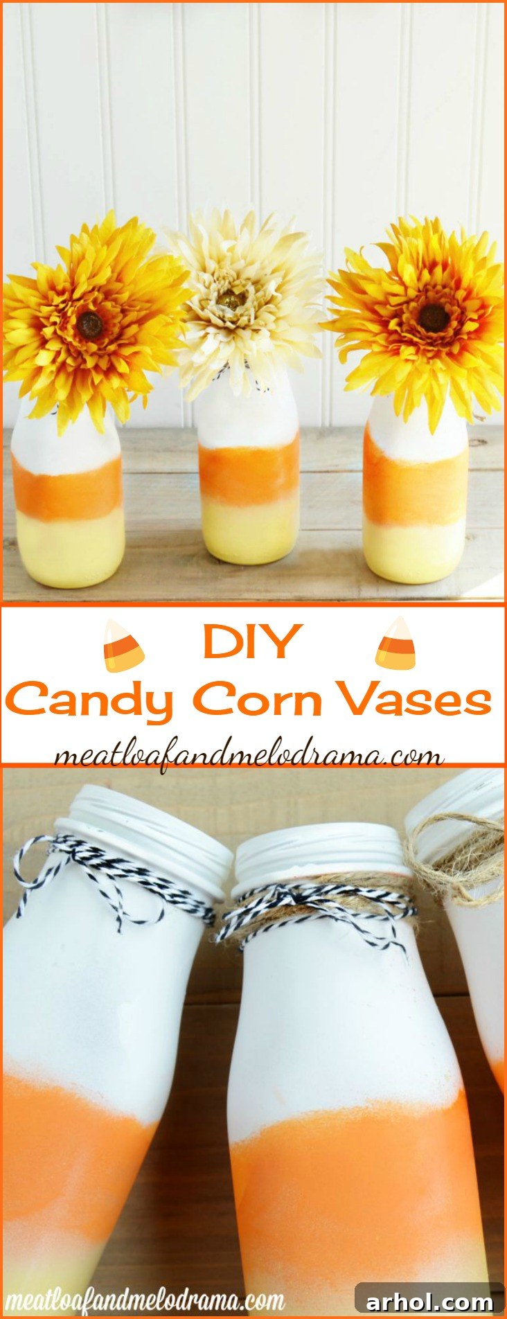 Finished DIY candy corn vases with faux fall flowers