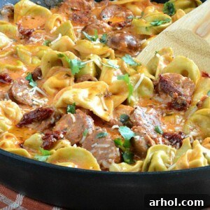 One-Pan Creamy Chicken Sausage Tortellini with sun-dried tomatoes