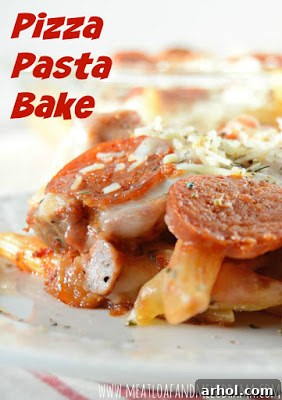 A hearty Pizza Pasta Bake topped with pepperoni and sausage, perfect for a family dinner, showcasing melted cheese and rich tomato sauce.